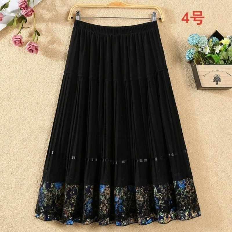 Новые юбки для среднего и пожилого возраста, средние юбки с эластичной резинкой на талии, юбки для танцев для мам, летние сетчатые юбки, плиссированные юбки, юбки для квадратных танцев.