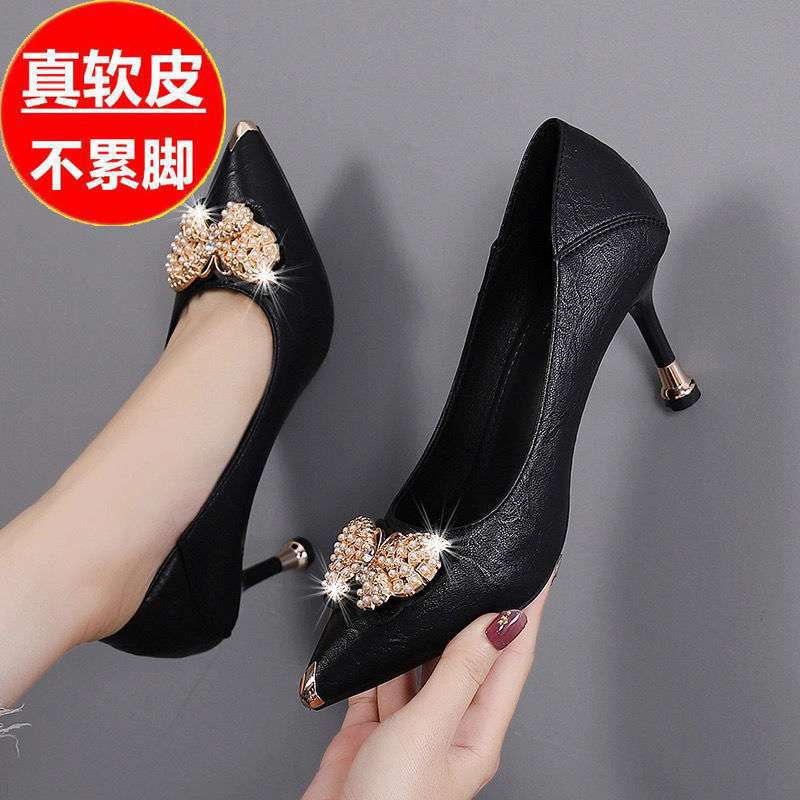 Real Soft Leather High Heels Women's Thin Round Heel Anti-Kick Fashion Student Fairy Butterfly Ladies Shoes