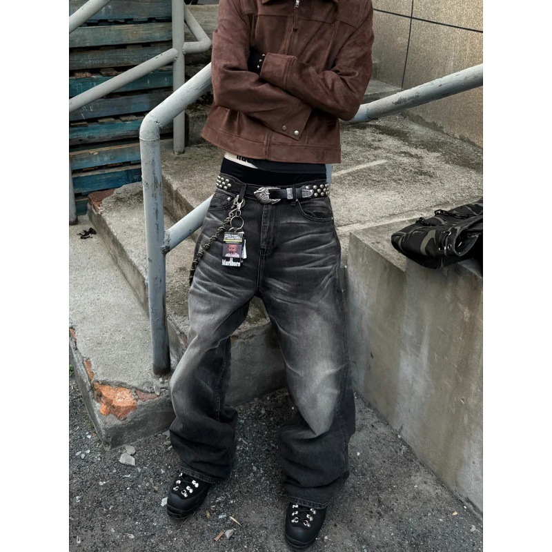 Men's Vintage Washed Black Baggy Jeans – Retro Distressed Denim Pants With Cat Whiskers & Clean Fit Drop Hem