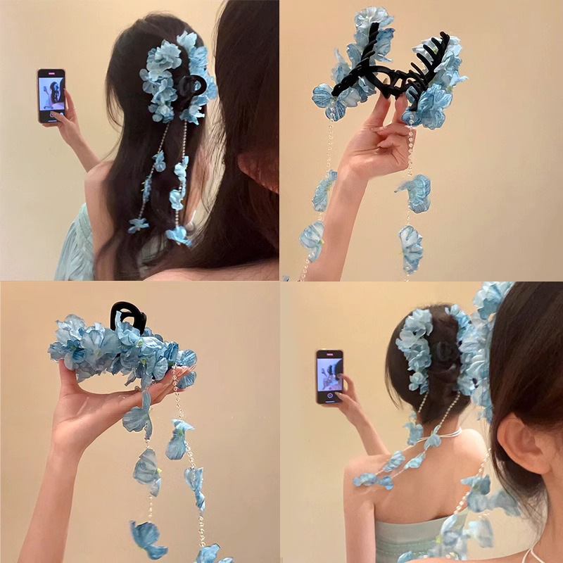 Bosque azul hortenida bordilla hermosa agarrar clips de cabeza de la mujer detrás de los clips de cabello de pesca clip de cabello de vacaciones tocado