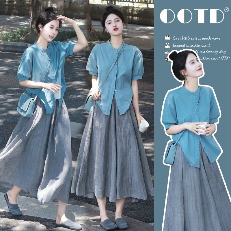 New Design Short-Sleeved Shirt and Skirt Casual Maternity Set Blue Shirt Air Cotton Default Item with Tag New Design Short-Sleeved Shirt and Skirt Casual Maternity Set Blue Shirt Air Cotton Default Item with Tag