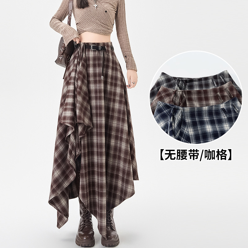 不规则格纹半身裙女2025秋季复古时尚格子高腰伞裙显瘦a字中长裙|undefined