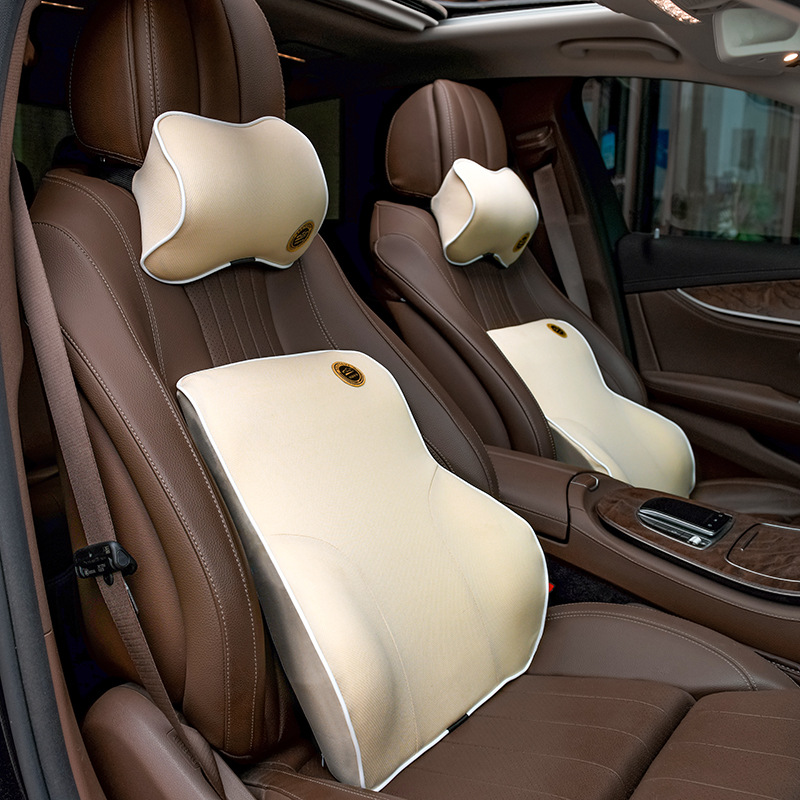 Car headrest and lumbar support set, memory foam lumbar support, neck pillow, cushion, office chair, usable in all seasons, back protector and breathable 4