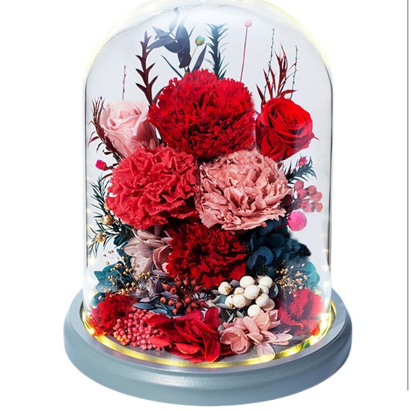 Venta al por mayor de fábrica de adornos terminados con cubierta de vidrio de claveles de flores eternas, regalo del Día de la Madre para mamá y ancianos, regalo de alta gama.