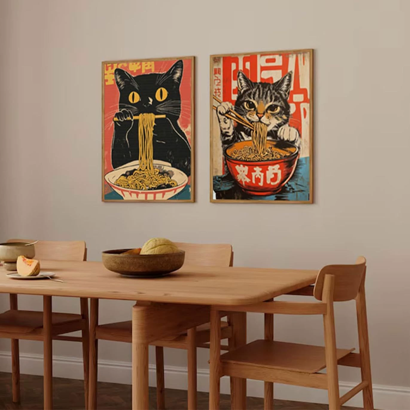 2 штуки забавной японской кошки масляная живопись настенная картина причудливая кошка ест рамен картина ретро черная кошка постер печать анимации