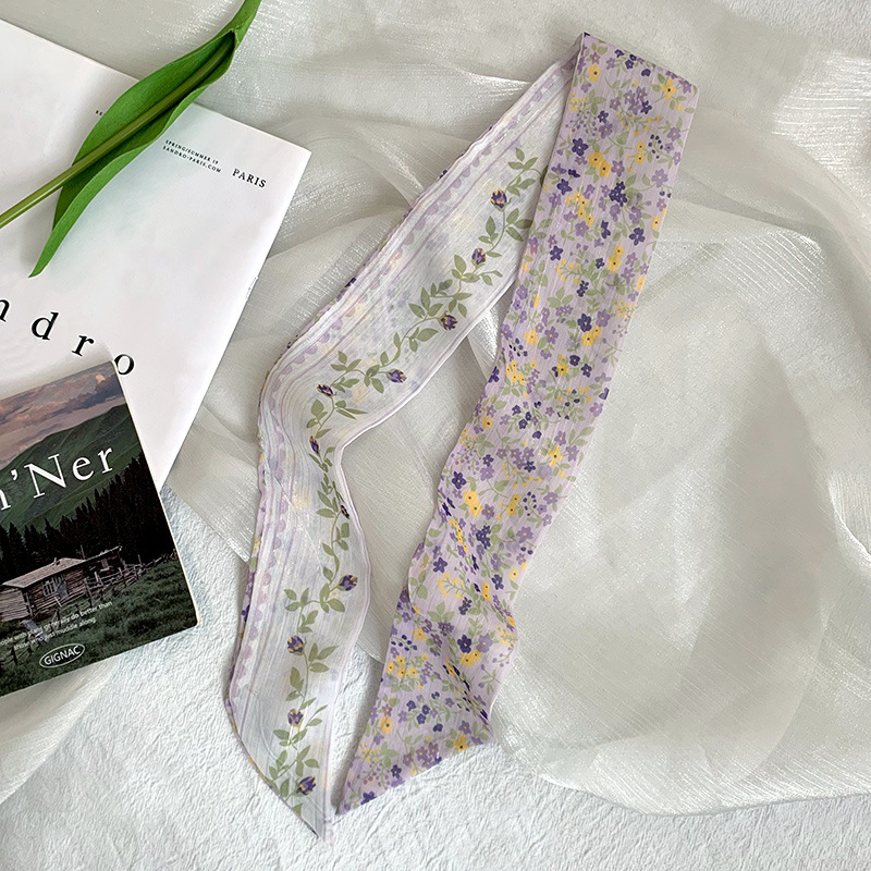 Pañuelo de seda pequeño largo francés de verano, cinturón de pelo floral pequeño, paquete de cabello trenzado, bufanda de cinta fina de gasa