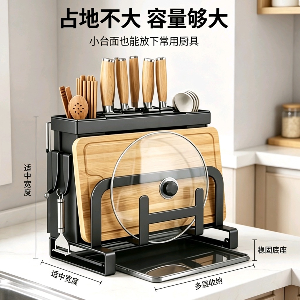 Kitchen supplies household knife and chopstick holder rack, kitchen wall-mounted countertop ventilated and draining pot lid and cutting board storage rack