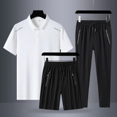 Verano helado juego deportivo hombre rápido secado tres piezas juego casual mangas cortas pantalones largos polo juego deportivo al por mayor