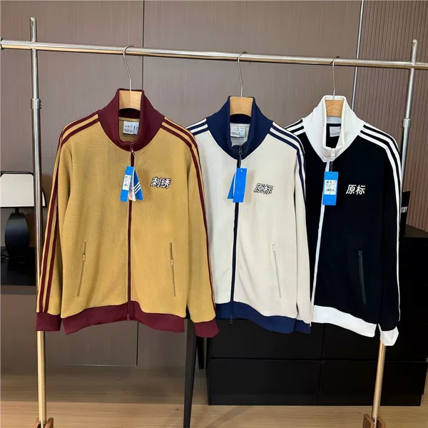 Correct version of the new retro three-stripe waffle jacket for men and women, same style for couples, high-quality trendy sports coat