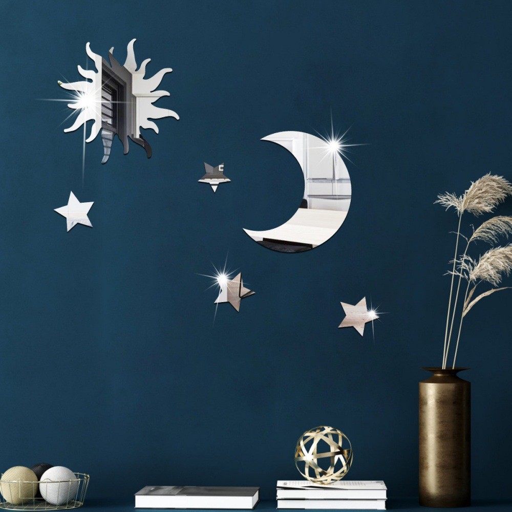 Óculos de Sol Estrela e Lua em Acrílico 3D Autoadesivos DIY para Quarto e Sala de Estar, Removíveis, com Espelho de Parede._voghion.com