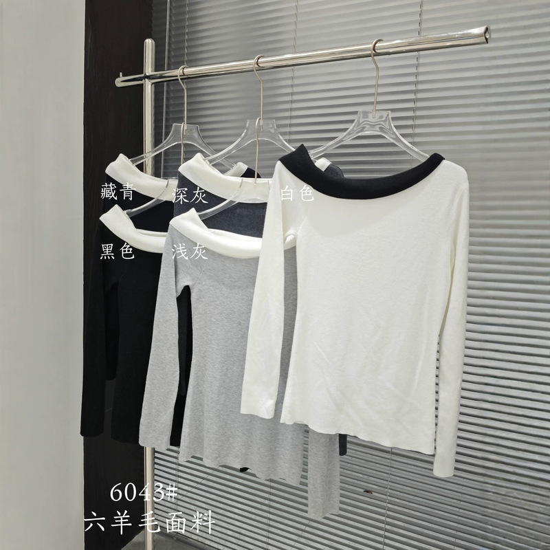 2026 early autumn new Korean style one-shoulder design color-blocked white off-shoulder long-sleeve T-shirt top for women