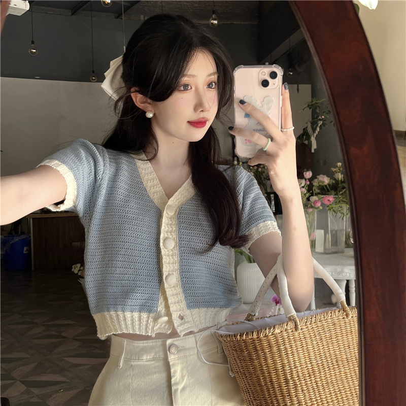 French Sweet Little Fragrant Short-Sleeved Sweater for Women Summer Coat Cardigan Niche Gentle Korean Style Short Top