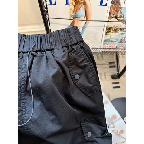 Women's Loose Fit American Workwear Skirt with Elastic Waist and Drawstring, Casual and Versatile A-Line Medium-Length Skirt with Slits