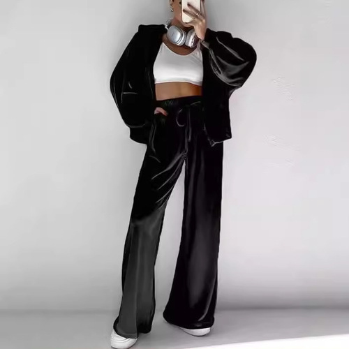 2025 New Velour Set Western and European Fashion Zip-Up Long-Sleeve Sporty Hooded Zip-Up Coat Casual Set