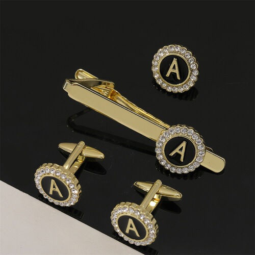 Amazon New Arrival Round Diamond Pendant Pin for Men Creative 26 Styles English Alphabet Suit Business Badge Cufflinks Set