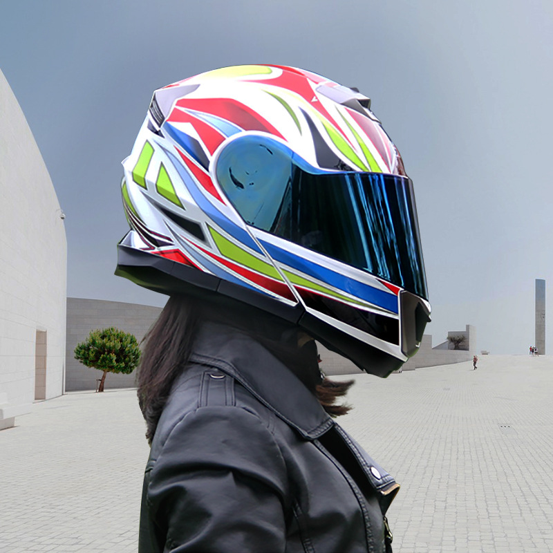 Motosiklet kaskı (dəbilqə) — Motuoche Full Face - white-dazzle-flash-five-star-colorful-lens-m