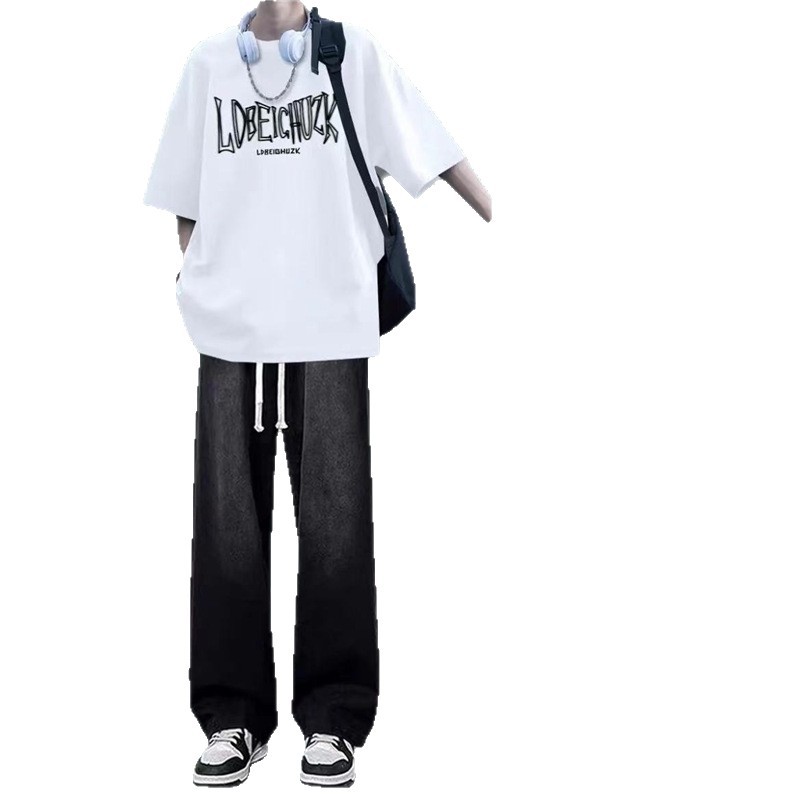 Summer Heavyweight Trendy Brand Short-Sleeved T-Shirt Suit with Jeans, Loose Men's Handsome Two-Piece Set for Teenagers