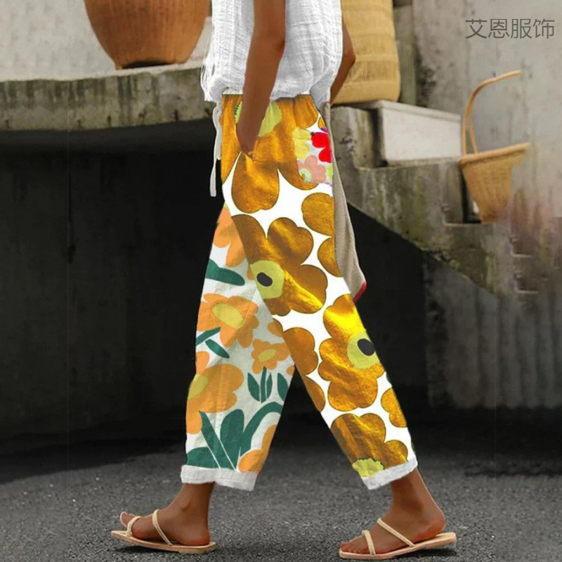 New European and American Women's Casual Trousers Cross-Border Flower Digital Printing Drawstring Trousers