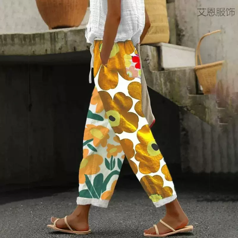 新款欧美女士休闲长裤跨境花朵数码印花抽绳长裤