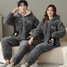三层夹棉情侣睡衣开衫拉链连帽加绒加厚保暖男士棉袄家居服套装冬