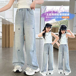 女童裤子夏款2025新款洋气中大童时髦夏季薄款星星刺绣天丝阔腿裤