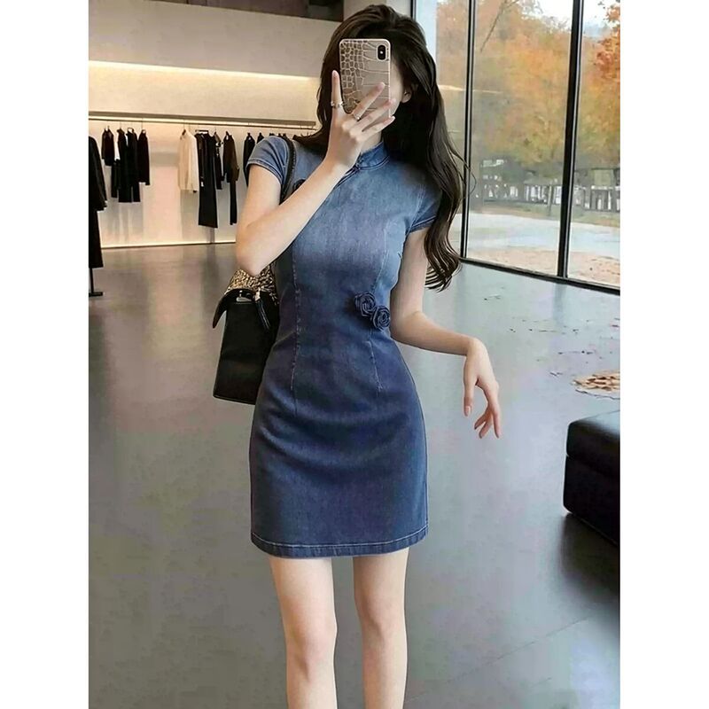 Summer New Chinese-Style Improved Qipao for Important Occasions, Exquisite Petite Blue Gradient Denim Dress for Women Summer New Chinese-Style Improved Qipao for Important Occasions, Exquisite Petite Blue Gradient Denim Dress for Women