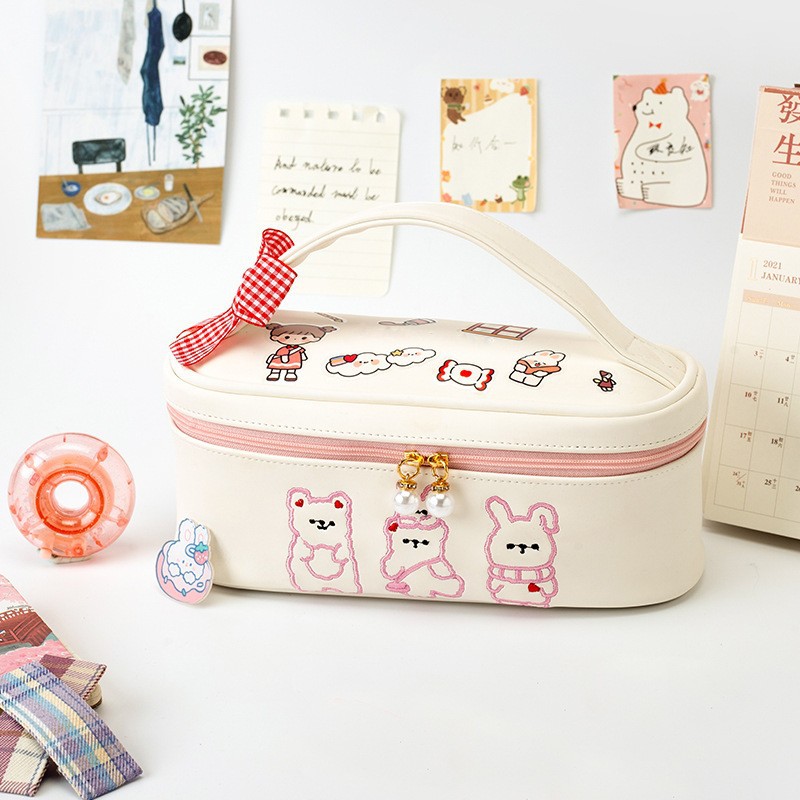 Japón encantador dibujos animados tablero de ajedrez bolsas de lápiz de gran capacidad bolsas de lápiz bolsas de almacenamiento de lienzo estudiantes bolsas de papelería