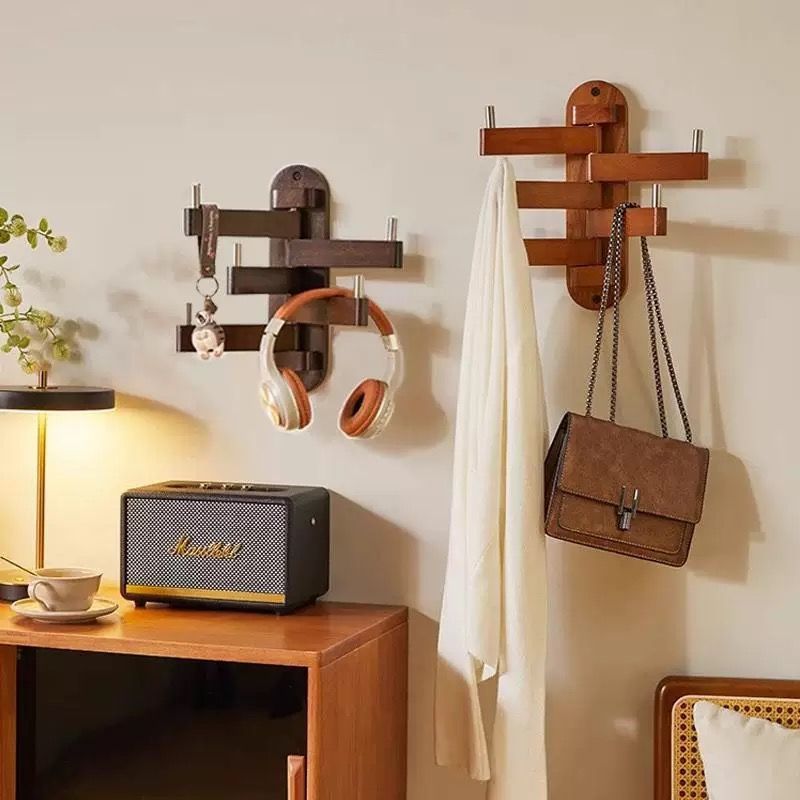 Solid Wood Coat Rack Nordic Bedroom Wall-Mounted Clothes Rack Rubber Wood Living Room Creative Bag Rack Entrance Rotating Clothes Rack