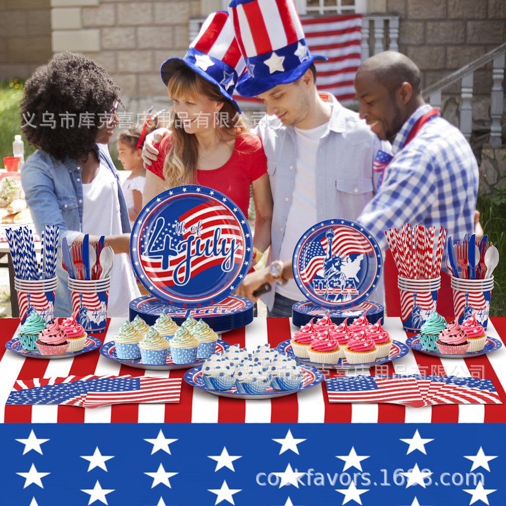 Día de la Independencia Fiesta temática de la bandera estadounidense Bandeja de papel Vaso de papel Toalla de papel Juego de vajilla Día de la Independencia Decoración de la fiesta
