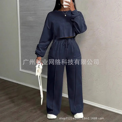2025欧美跨境外贸春秋新款女装时尚宽松高腰长袖上衣休闲裤子套装