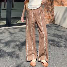 棕色碎花刺绣直筒九分休闲裤女2026夏季新款高腰显瘦抽绳宽松裤子