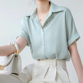 奶绿短袖衬衫女设计感宽松日系百搭基础夏季垂感质感上衣小个子