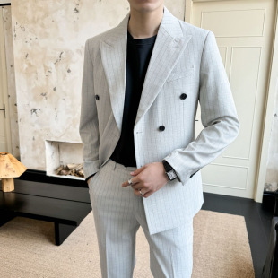 Autumn and Winter Casual Suit Collar Double-Breasted Suit Men's Vertical Stripes Business Slim Fit No-Iron Plaid Single Suit Jacket