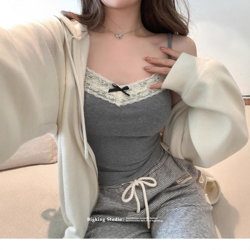 Hot Girl Pure Lust Lace Camisole Bottoming Breast Pad Bow Short Slim Design Sleeveless Top