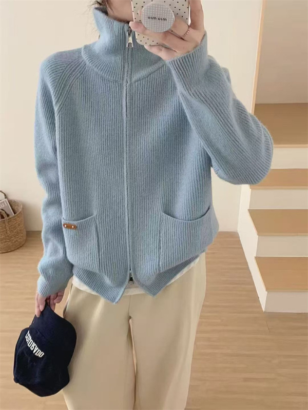 秋冬新款韩系宽松纯色立领针织开衫百搭简约款拉链休闲毛衣女外套|undefined
