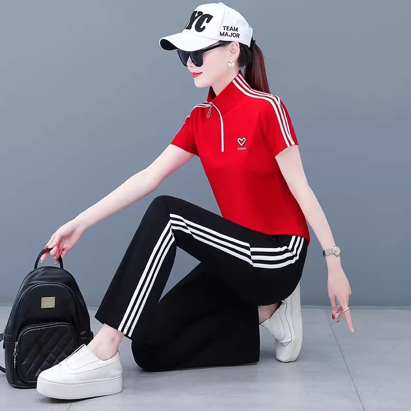 立领运动服套装女夏季薄款2025新款大码宽松冰丝短袖休闲时尚洋气|undefined