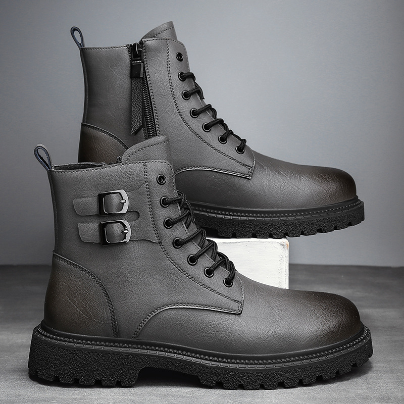 Large Martin Men's Autumn/Winter Genuine Leather Short Plush and Warm Cotton Zipper Motorcycle Boots_voghion.com