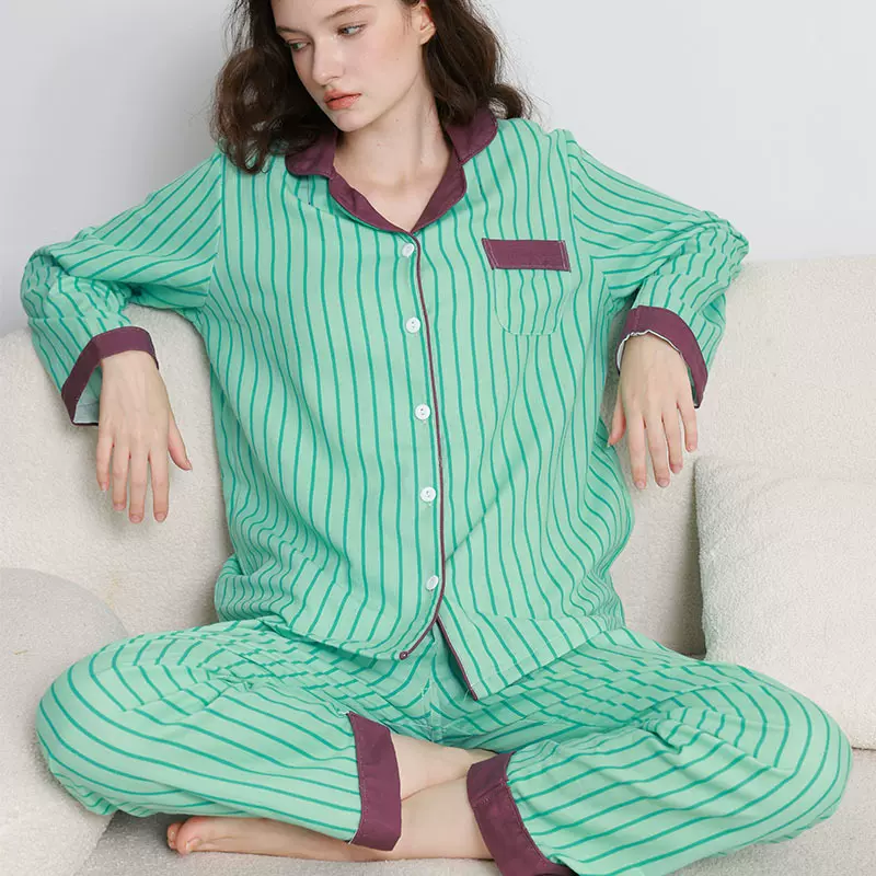 新款100%纯棉磨毛睡衣女秋冬季长袖开衫秋冬外穿全棉女士家居服