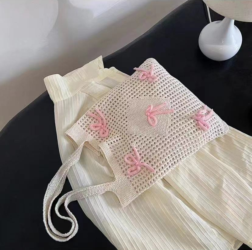 Open Closure Type Women's Medium Polyester Bow Knot Cute Preppy Style Knitting Hollow Square Open Square Bag