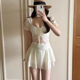 泳衣女分体比基尼纯欲泡温泉蕾丝性感小胸抽绳游泳衣高腰裙式泳装