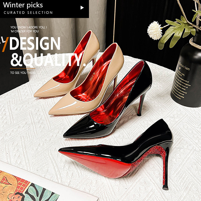Rhinestone Red Bottom Side Hollow All-Inclusive Stiletto Heels Women's Pointed Toe Shallow Mouth Sexy Elegant French Popular Fashion Shoes