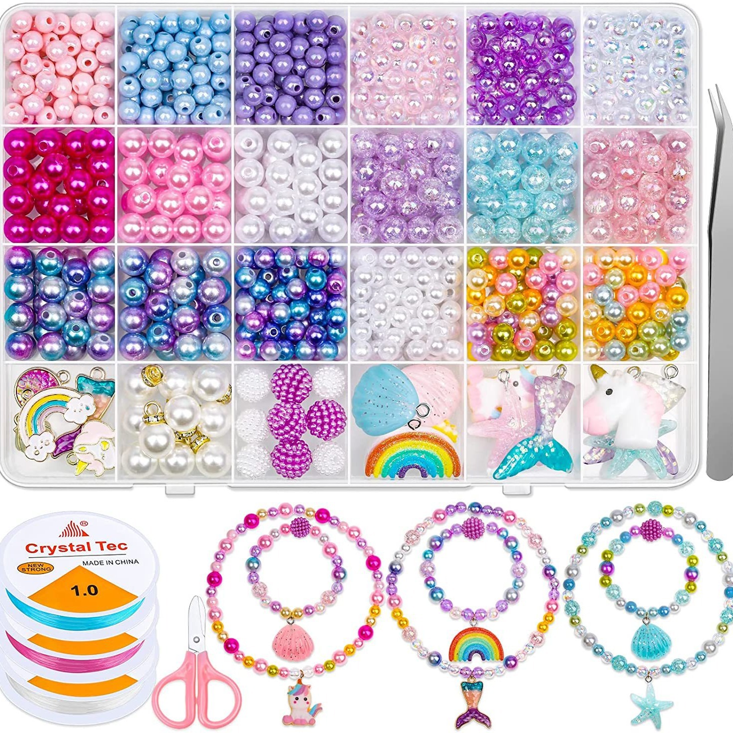 Transfronterizo Amazon Niños niña caja de regalo traje de dibujos animados unicornio pulsera hecha a mano colorido collar de perlas