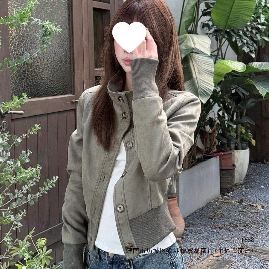 美式复古立领仿麂皮外套女春秋新款宽松设计感修身显瘦短款夹克潮
