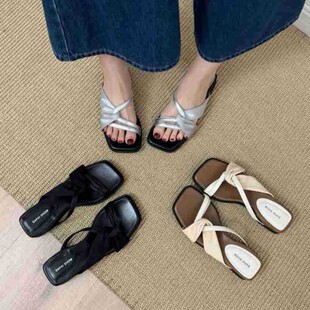 French Style Square Open Toe Sandals Women's High-End Summer Outfit Cross-Strap Thick Wedge Slippers