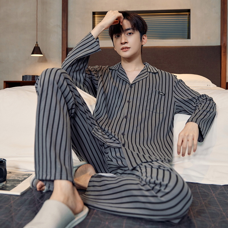 Pijamas de algodón para hombres otoño nuevos pantalones de manga larga Chaqueta de punto solapa traje de hombre casual a rayas simple ropa para el hogar