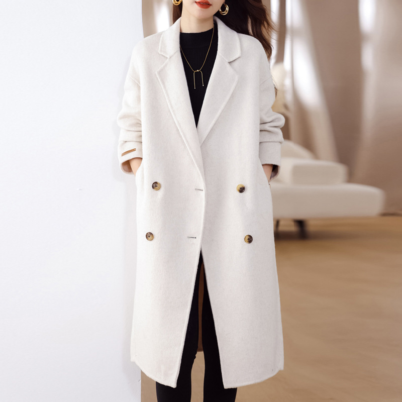 2023 new high-grade small autumn and winter woolen coat double-breasted mid-length cocoon coat for women