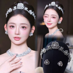 新款水钻玫瑰花朵皇冠套装新娘头饰婚礼王冠头饰婚纱礼服造型配饰