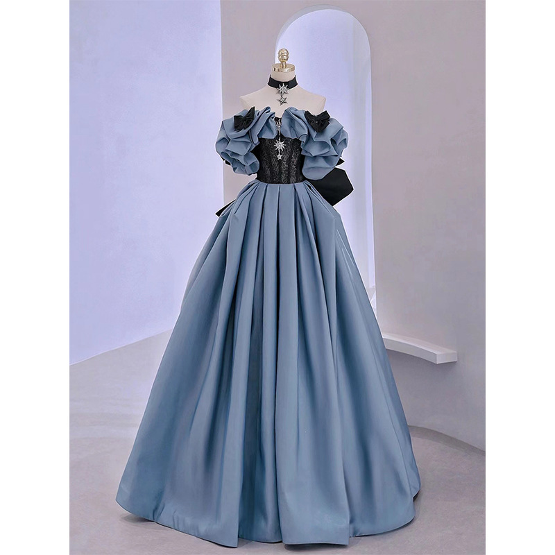 European and American Foreign Trade Light Luxury Blue Satin Banquet Performance Wedding Dress Evening Gown Slimming Off-Shoulder Princess Dress Spring European and American Foreign Trade Light Luxury Blue Satin Banquet Performance Wedding Dress Evening Gown Slimming Off-Shoulder Princess Dress Spring