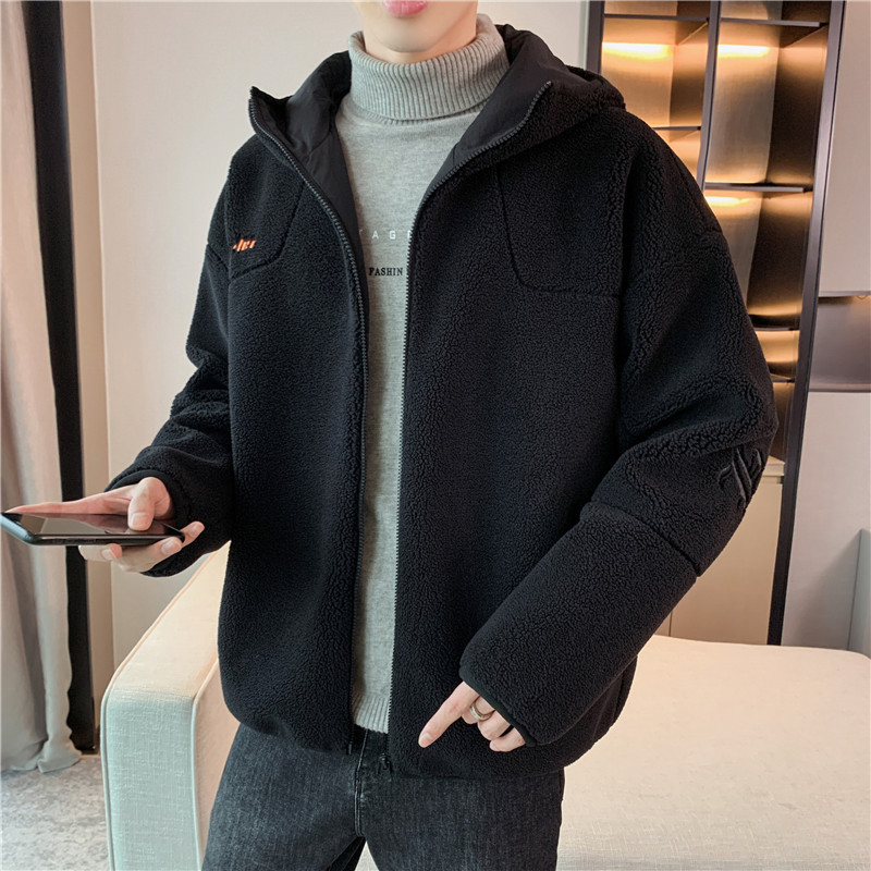 Giacca unisex foderata in pile – Cappotto invernale in sherpa con collo alto e tasche con cerniera (M-5XL, nero/crema)_voghion.com