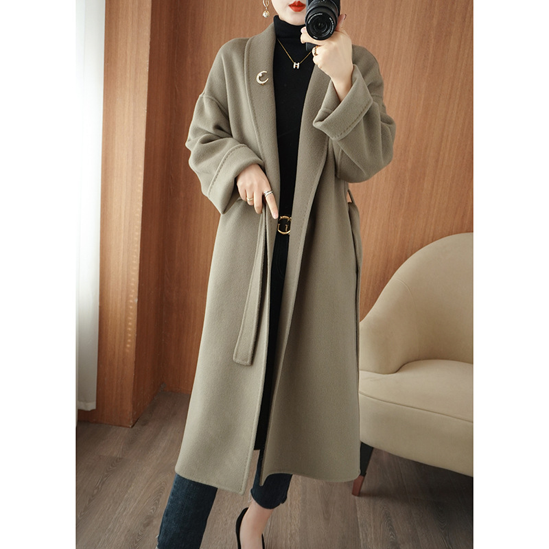Double-sided wool overcoat women's autumn and winter over-the-knee long loose lapel lace-up bathrobe cashmere cocoon woolen coat